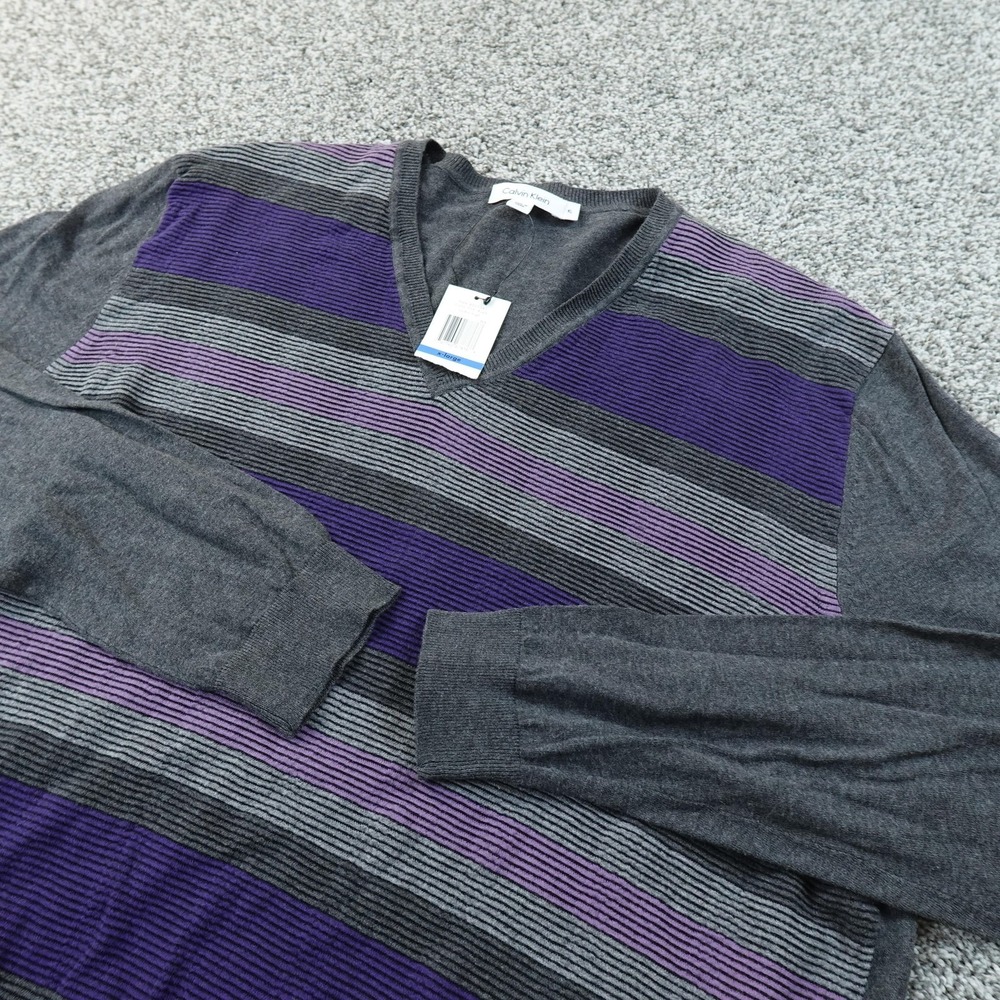 NEW Calvin Klein Sweater Mens XL Gray Stripe V Neck Knit Pullover Lightweight